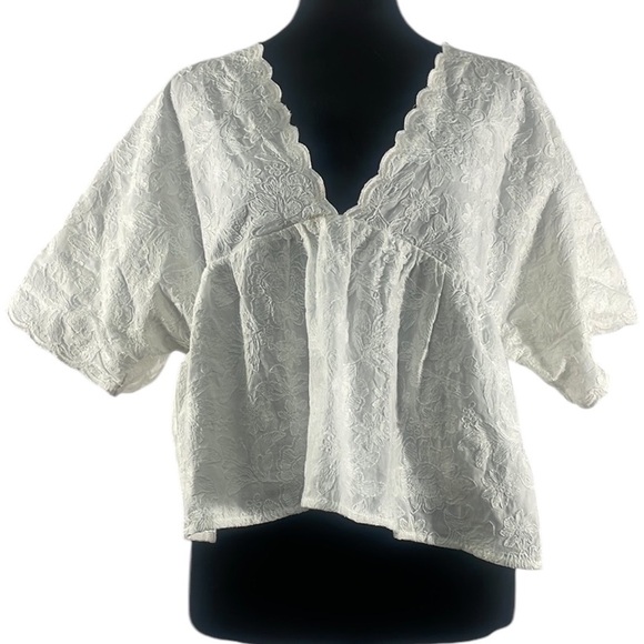 Anthropologie white floral stitched V neck flowy top, tie back, Medium,NWT - Picture 11 of 11